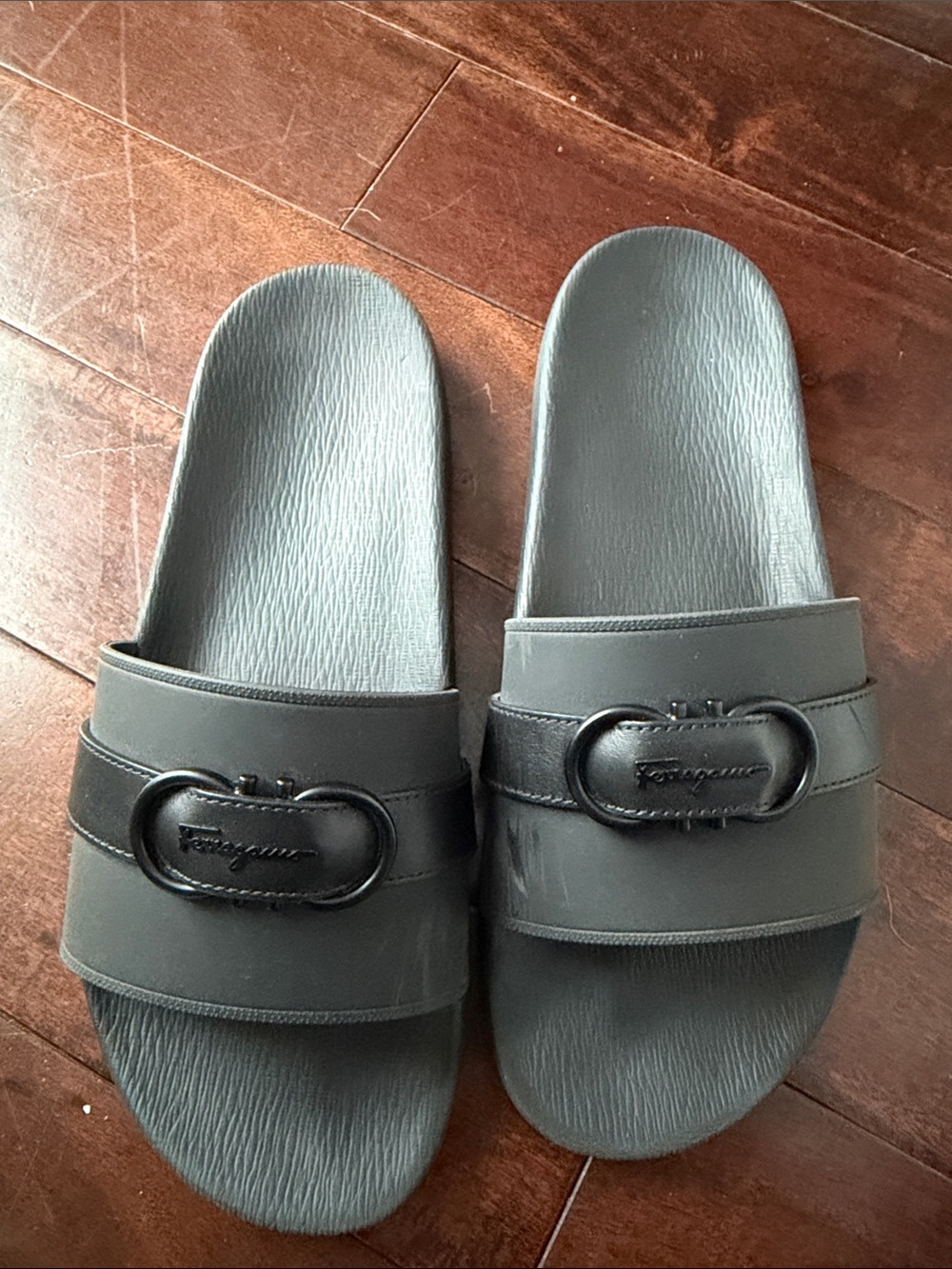Salvatore Ferragamo Men’s Black Logo Buckle Slide Sandals